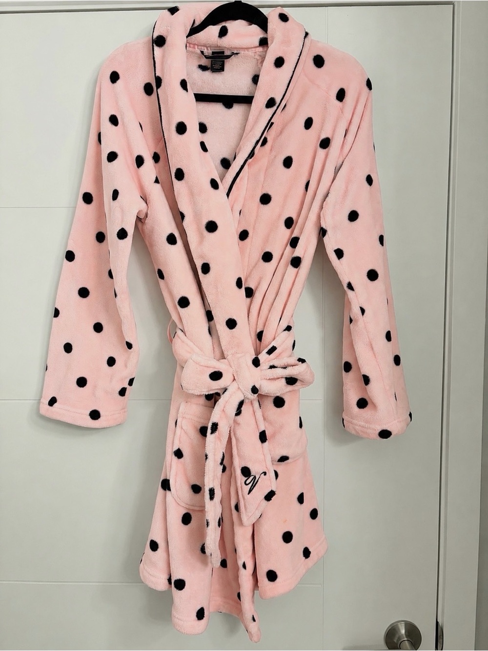 Victoria’s Secret Pink Black Polka Dot Plush Robe XS/S Belted Cozy Bathrobe